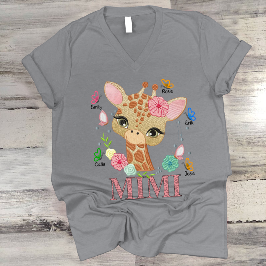 Mimi And Grandkids Giraffe Butterfly V-Neck