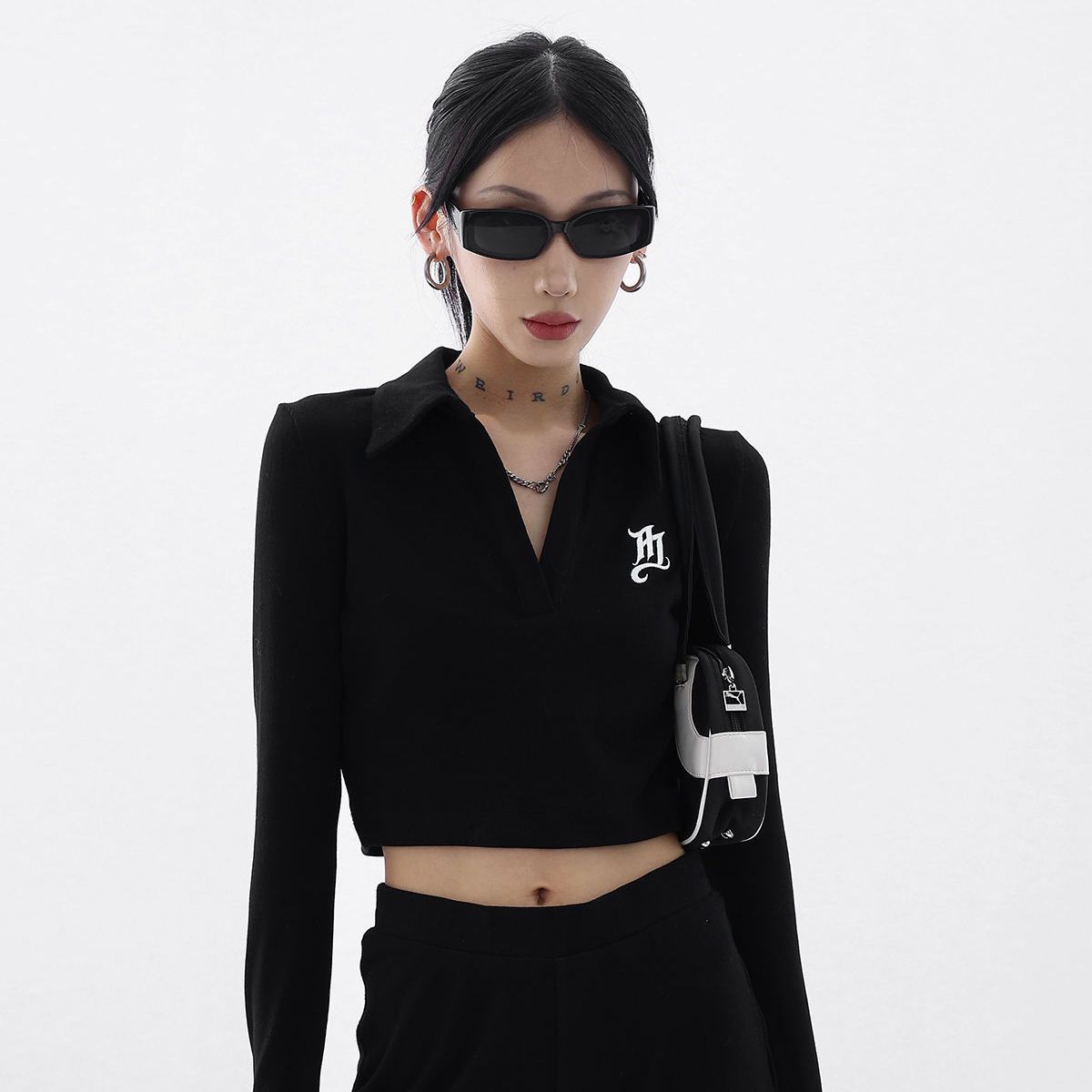 Black Chic Cropped Top Female Turn-down Collar Pullover Sweatshirt Y2K Aesthetic Solid Long Sleeve Retro Hoodies Streetwear alx