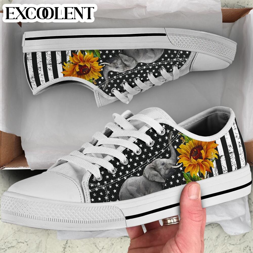 Elephant Usa Flag Sun Flower Low Top Sneakers – Women Canvas Shoes – Comfortable Casual Shoes Mens