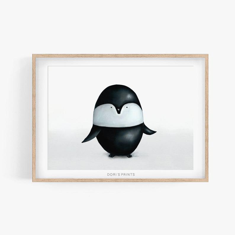 Penguin Nursery Art Print, Black And White Wall Decor, Baby Animals Poster