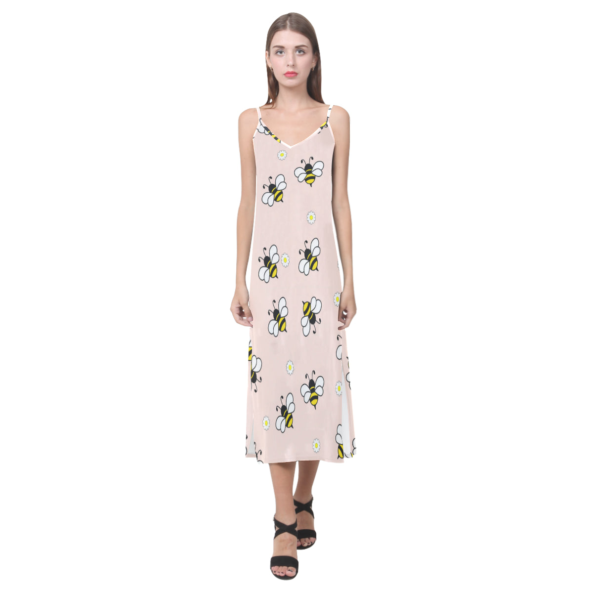 Cute bee flower pattern pink background V-Neck Open Fork Long Dress