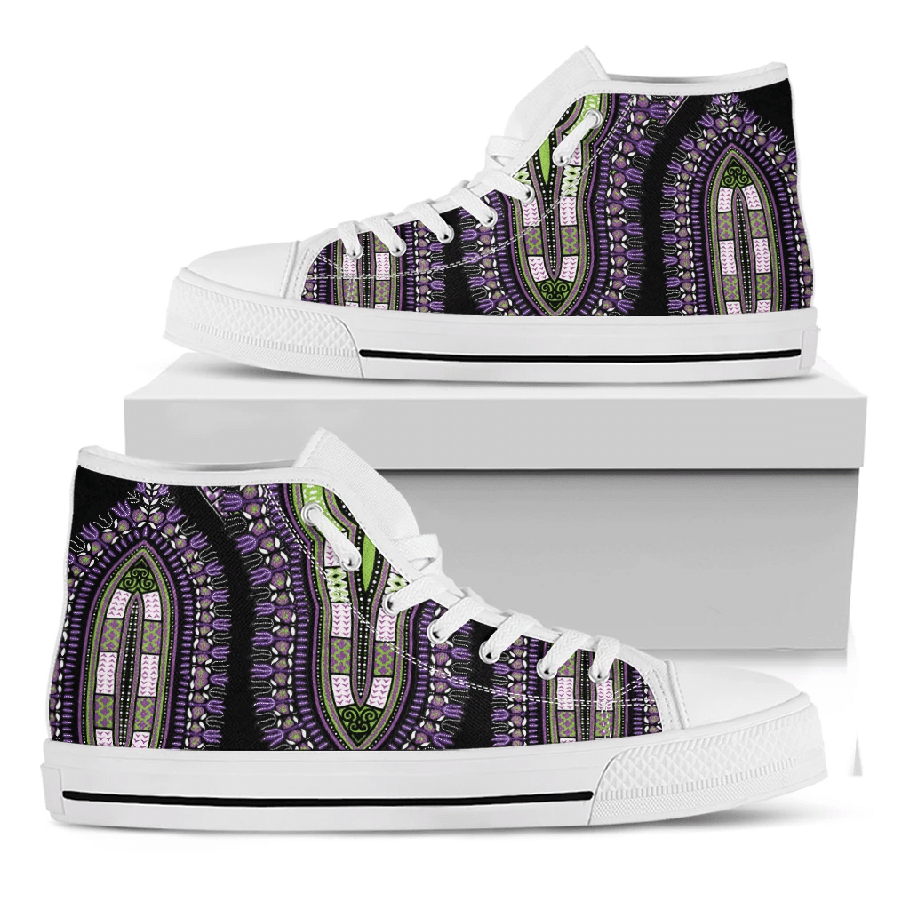 Black And Purple African Dashiki Print White High Top Shoes For Men And Women