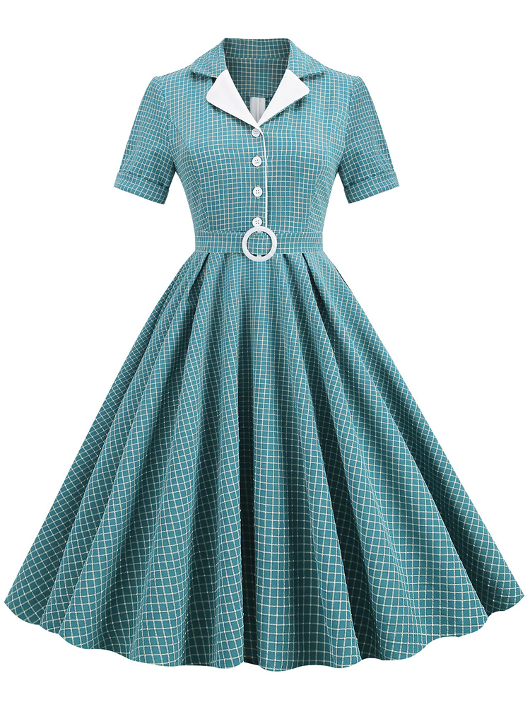 Tonval Notched Collar Buttons Belted Vintage Plaid Midi Dresses Elegant for Women Short Sleeve 50s Robe Turquoise Swing Dress alx