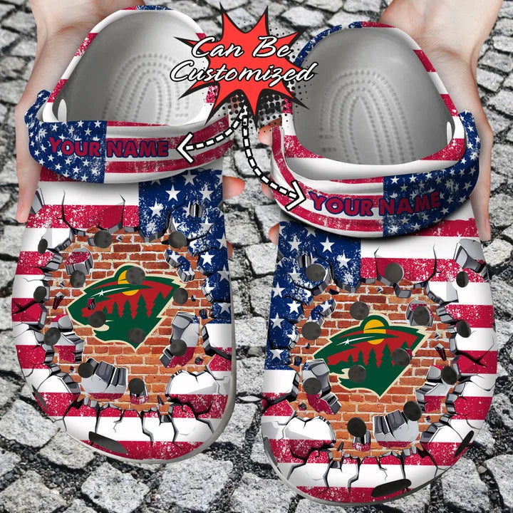 Hockey Crocss – Personalized M.Wild American Flag Breaking Wall Clog Shoes