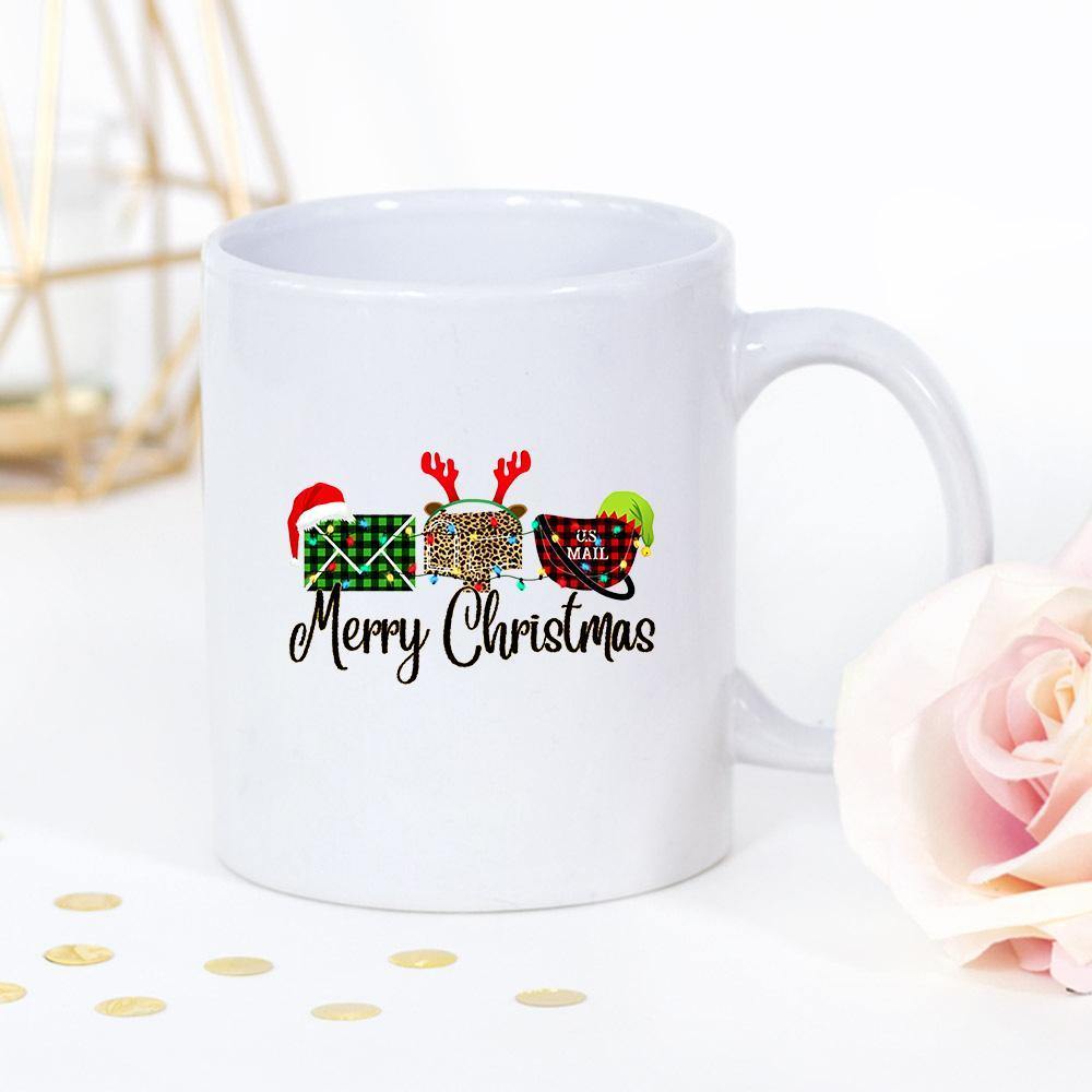 Chirstmas Merry Christmas Reindeer Hat Santa Hat Plaid Leopard Colorful Light White Mug