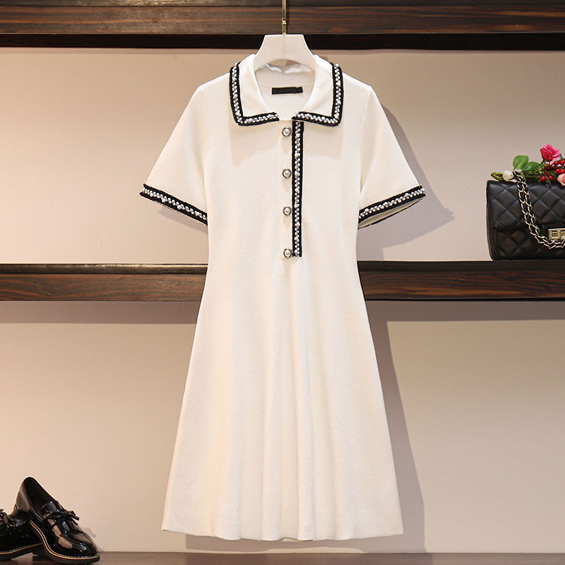 2022 Summer Fashion POLO Collar Knitting Dress Women Slim Large Size Luxury Button Short Sleeve White/Black Solid Mini Dress 4XL alx