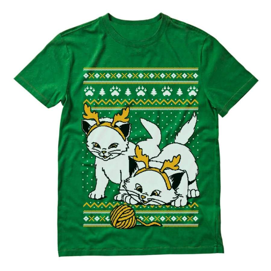 Cats with Reindeer Antler Headband Ugly Christmas T-Shirt