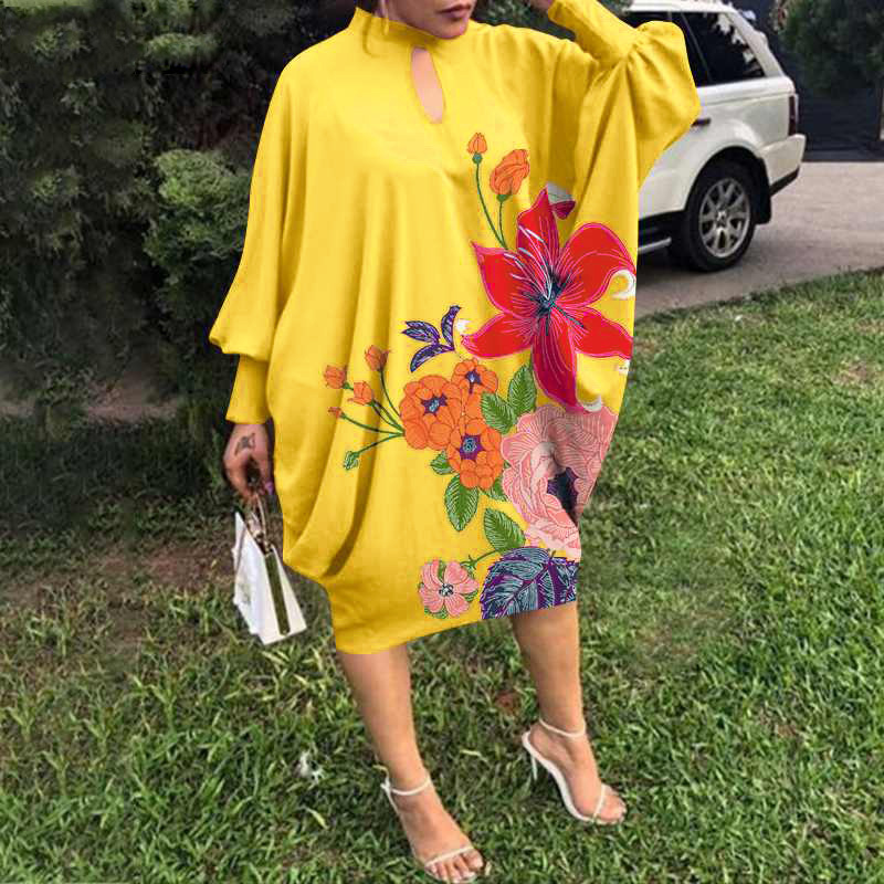 Somoshein Autumn Dresses Women Elegant Long Sleeve Vintage Flower Printed Midi Dress Casual Crew Neck Plus Size Female Clothes alx