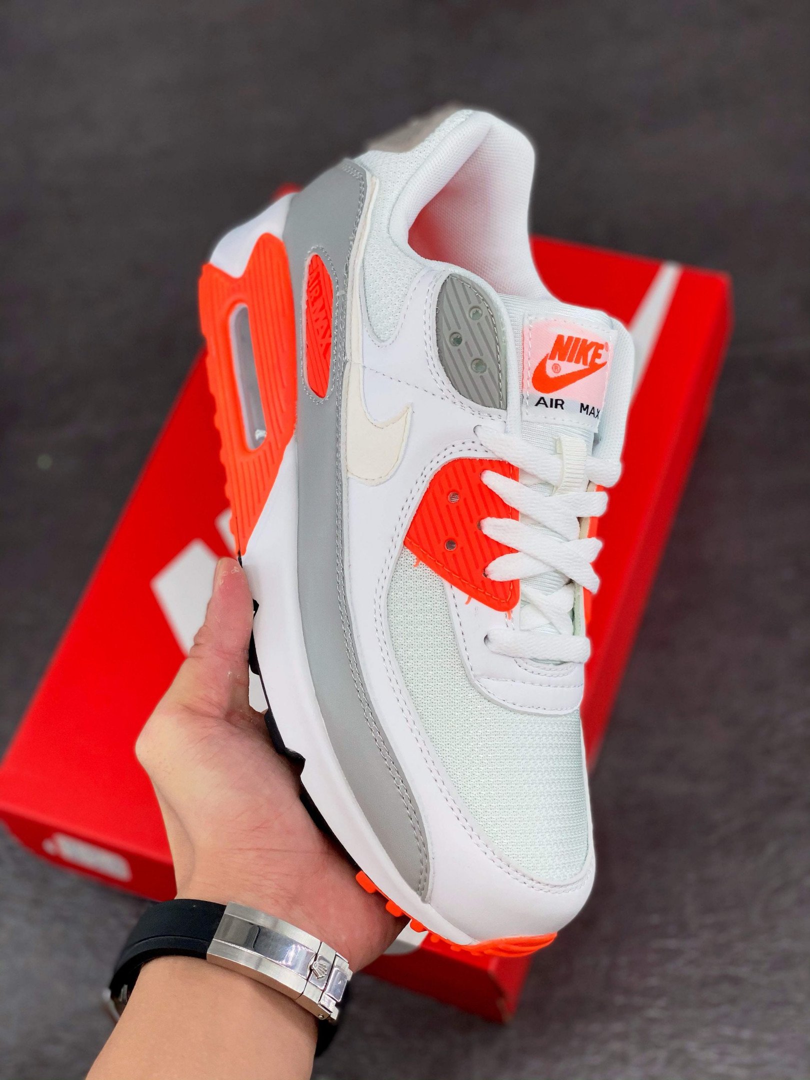 Nike Air Max 90 WhiteHyper Orange-Light Smoke Grey 5339678