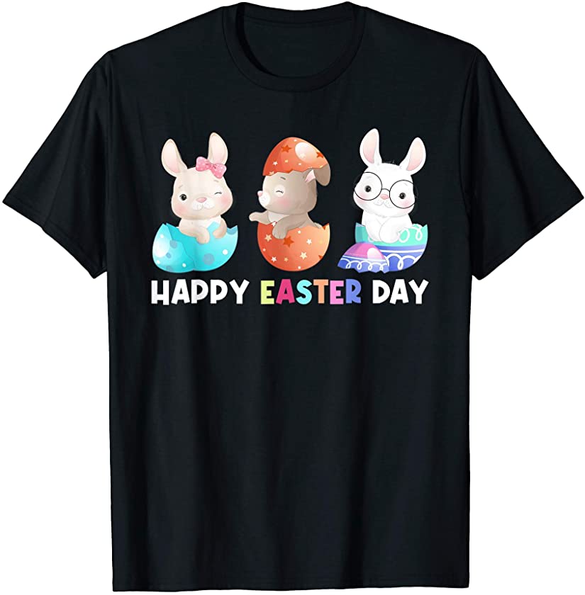 Three Little Bunnies and Plaid Eggs Easter Bunny Egg Happy T-Shirt