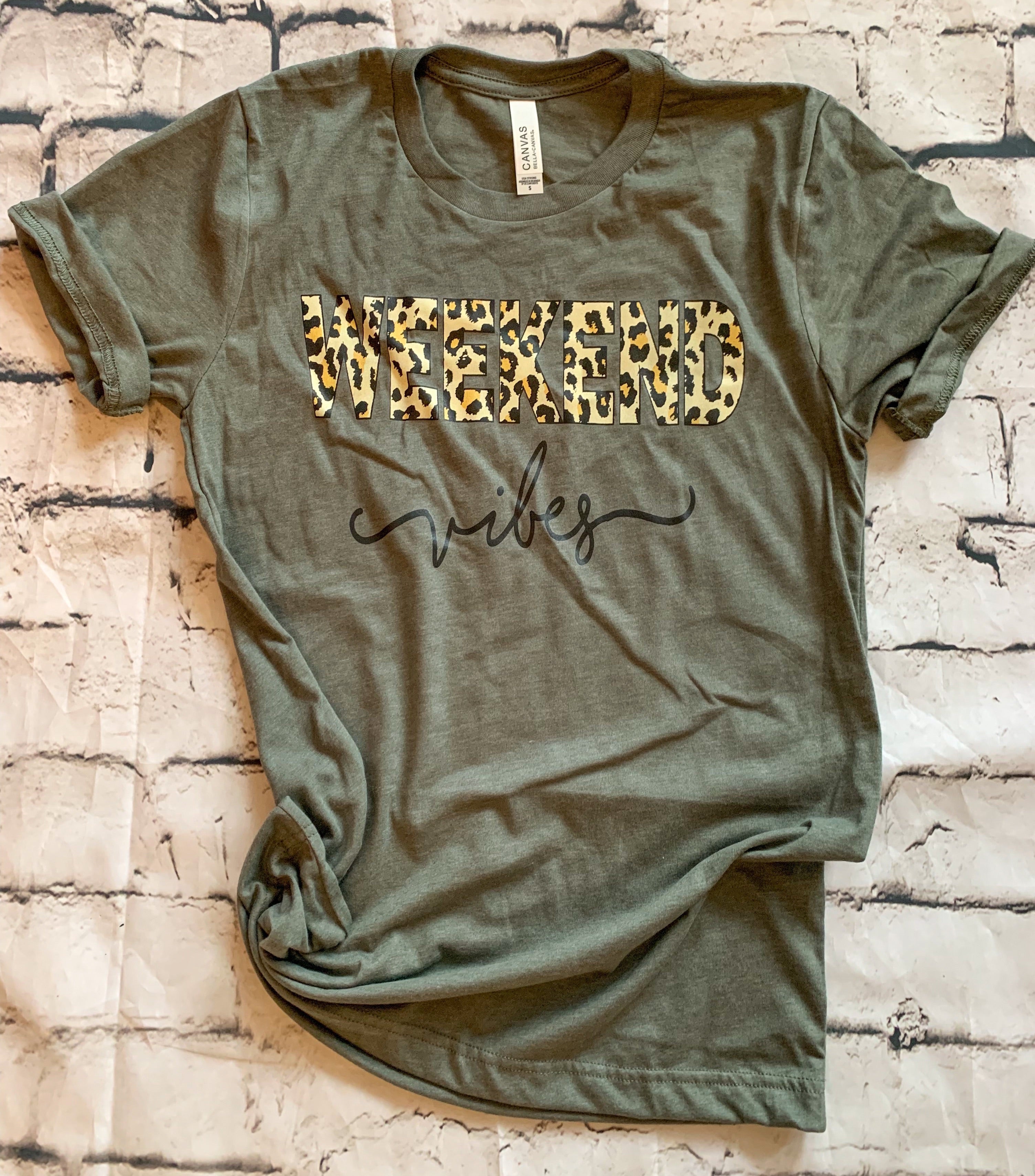 Weekend Vibes Leopard Print Graphic Tee Long Sleeve Crew Or Hoodie