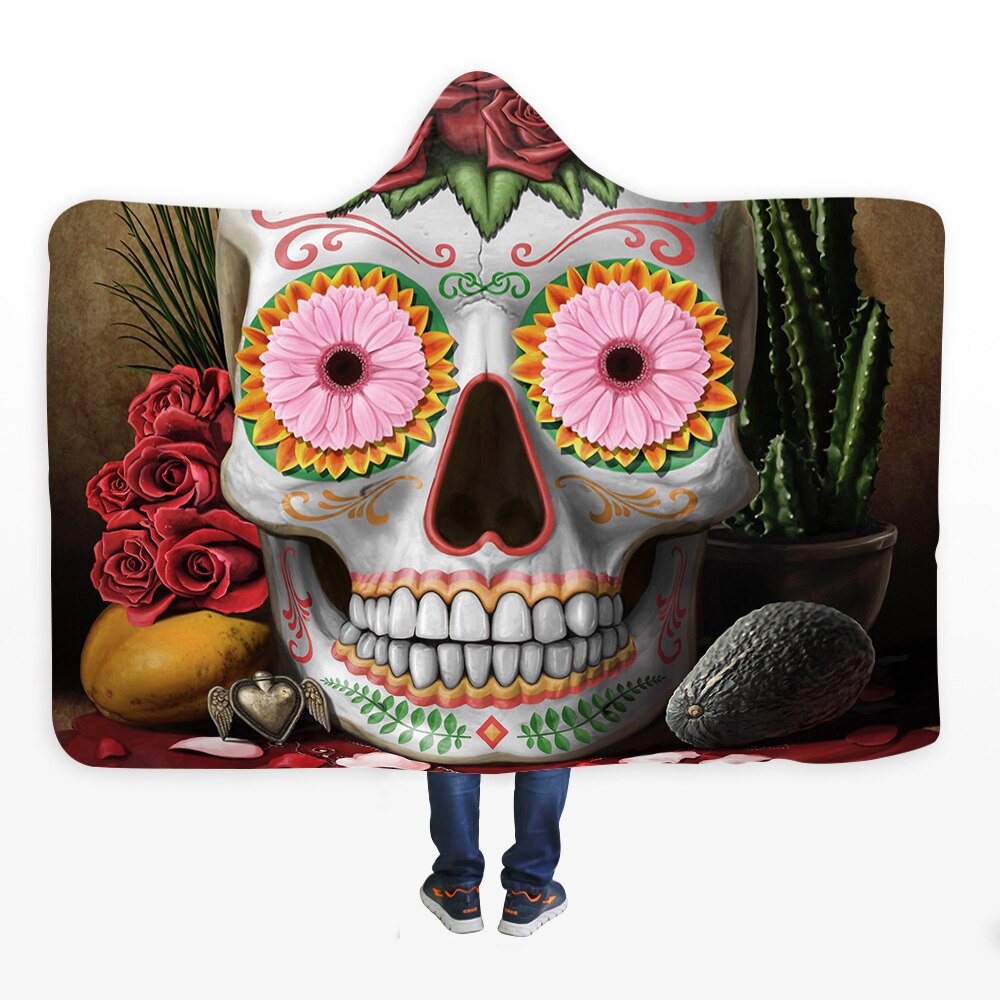 3D Halloween Skull Print Hooded Blanket Comfortable Soft Blanket