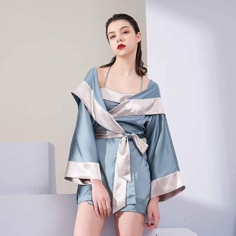 Spring Summer Sexy Dress Retro Silk-like Sling Robe Piece Sleep Set Solid 2 Piece Sleepwear Home Robe Set Women Luxury Robe Set alx