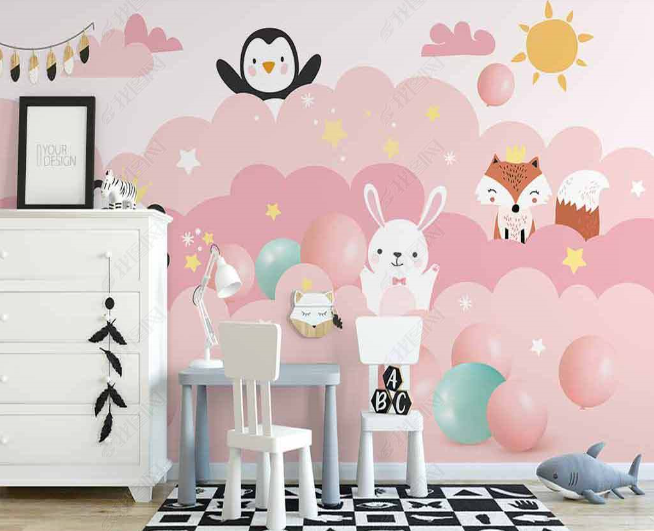 3D Northern Europe Hand-Painted Pink Clouds Animal Wall Mural Wallpaper Sww2718