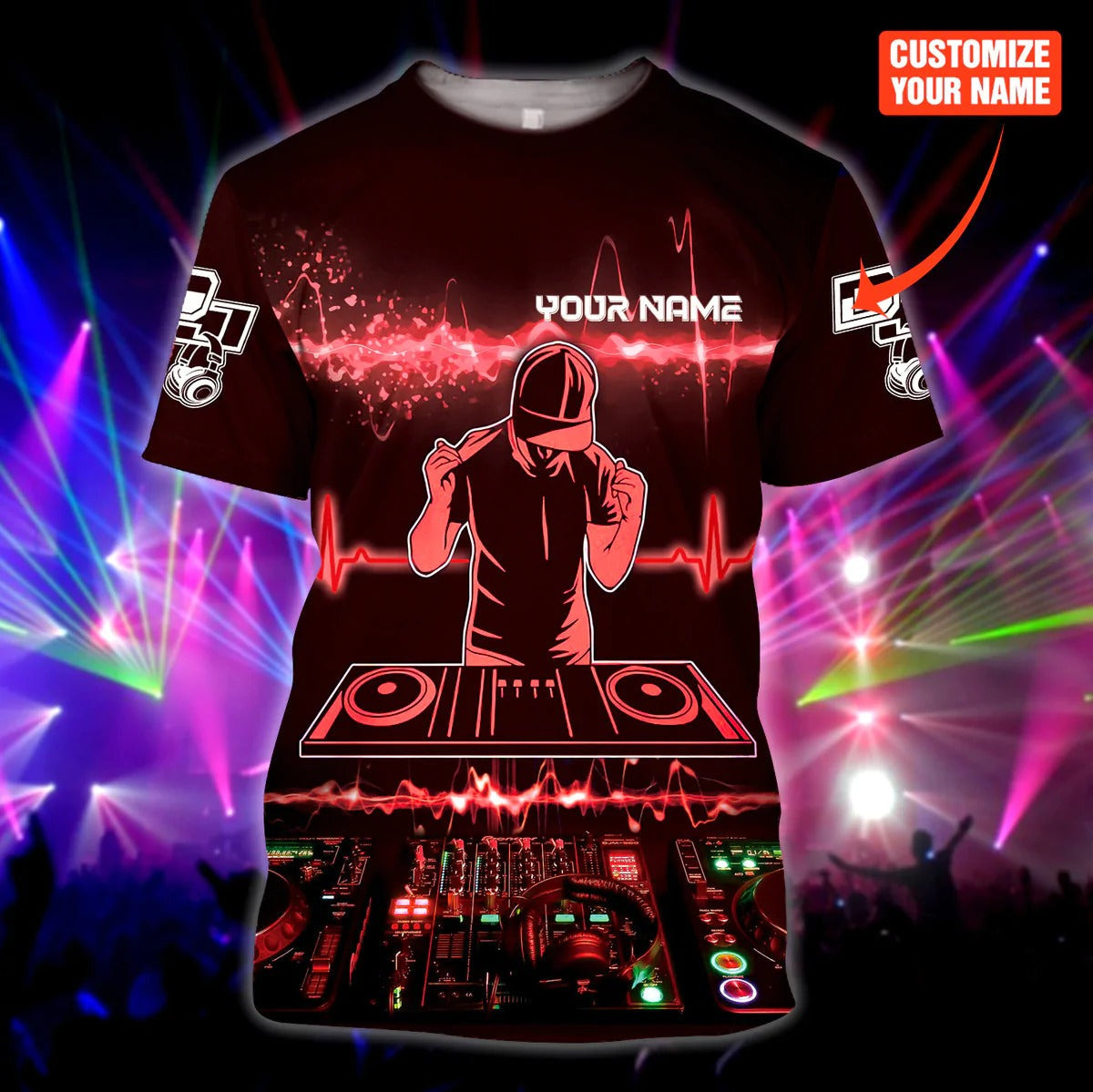 Custom 3D Print Dj Shirt For Men Woman, Deezay Tshirt Black And Red Pattern, Present To Dj