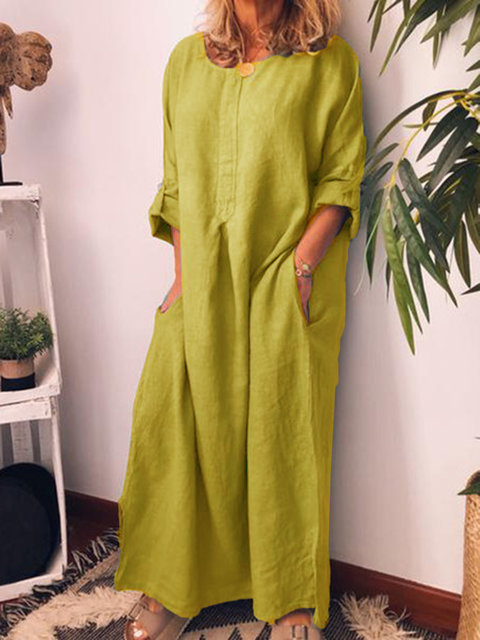 2022 New Solid Color Loose Pockets Robe Women’s Cotton Linen Solid Color Fashion Round Neck 7-Point Sleeve Casual Ladies Dress alx