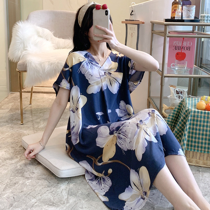 Womens Nightgowns Short Sleeve Sleepwear V-Neck Sleepdress Casual House Pajama Dress Floral Printed Soft Cotton Sleep Shirts alx