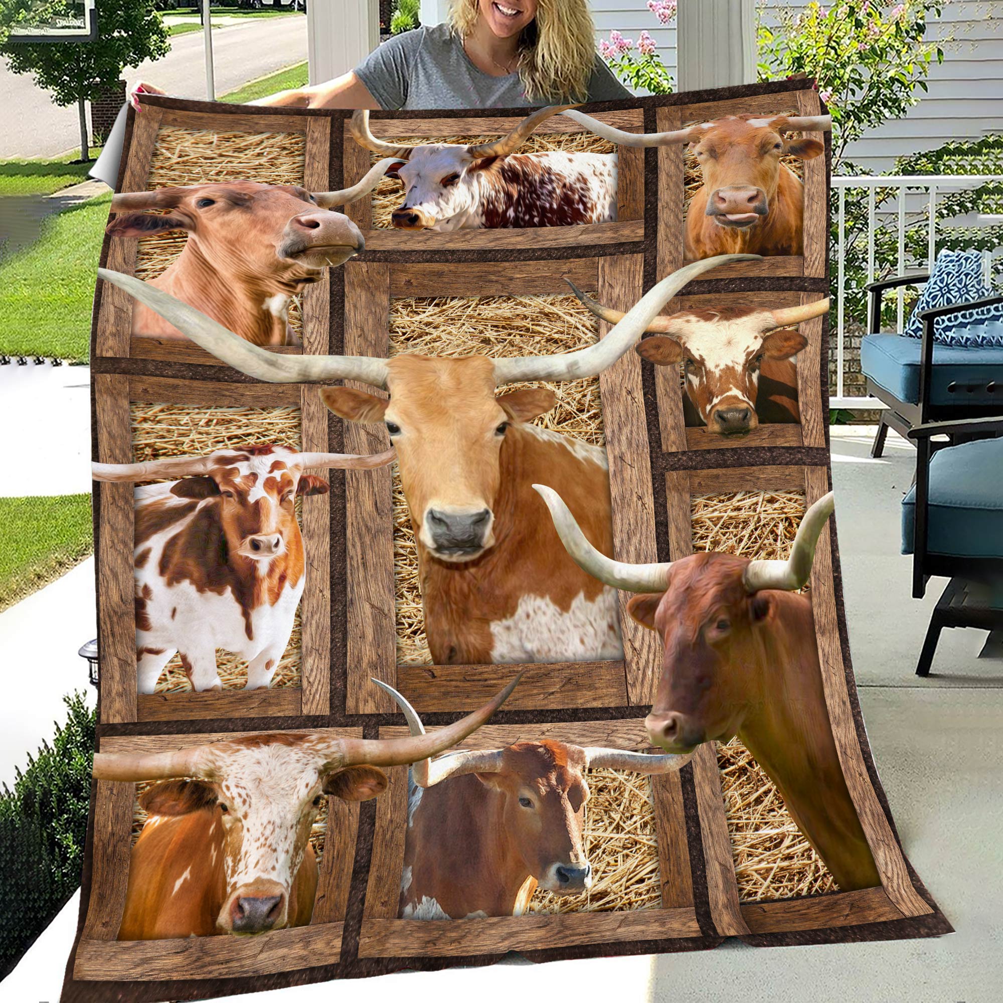 Tx Longhorn In Farm All Printed 3D Blanket Farmhouse Blanket Farmer Gift