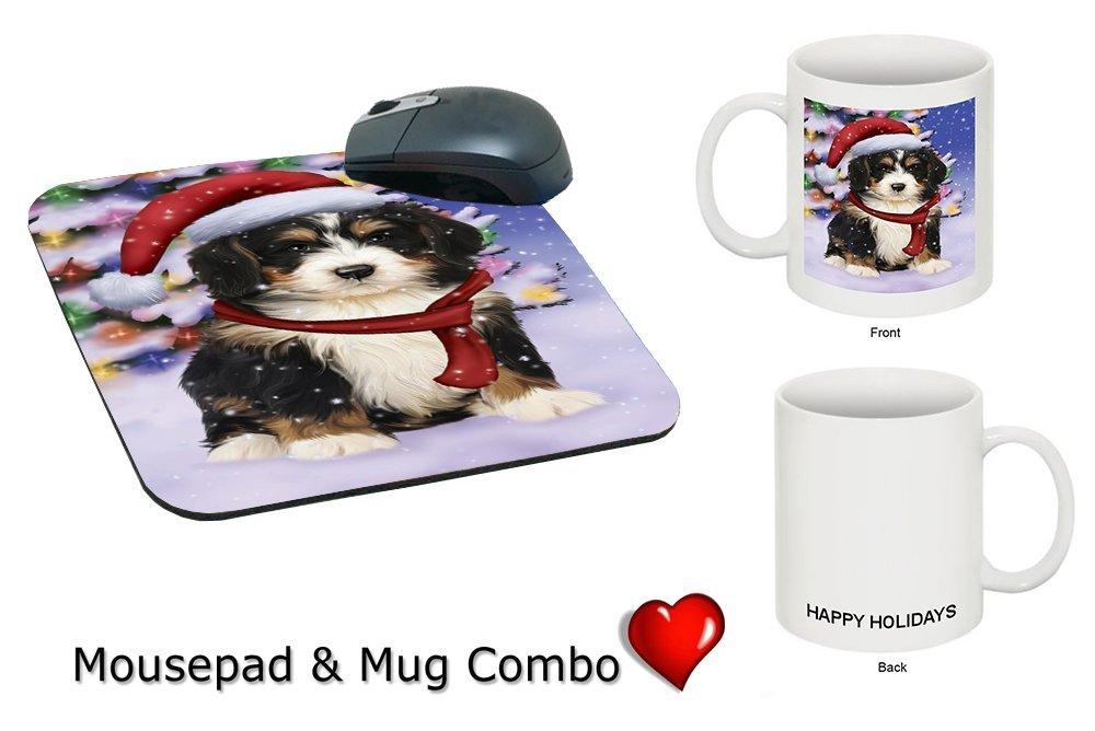 Winterland Wonderland Bernedoodle Puppy Dog In Christmas Holiday Scenic Background Mug & Mousepad Combo Gift Set