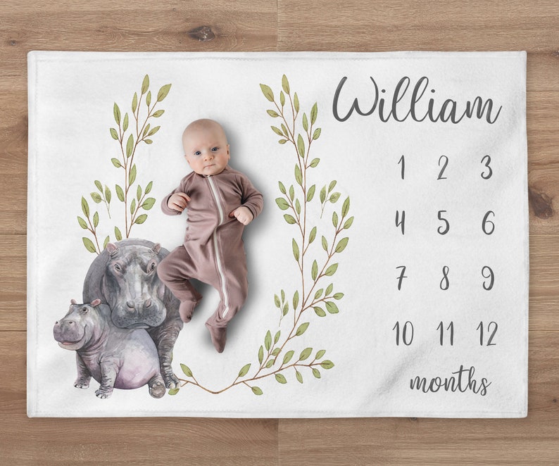 Hippo Milestone Baby Blanket, Peronalize Baby Girl Or Boy Month Blanket, Hippo Milestone Quilt, Personalized Baby Gift, Baby Shower Gift