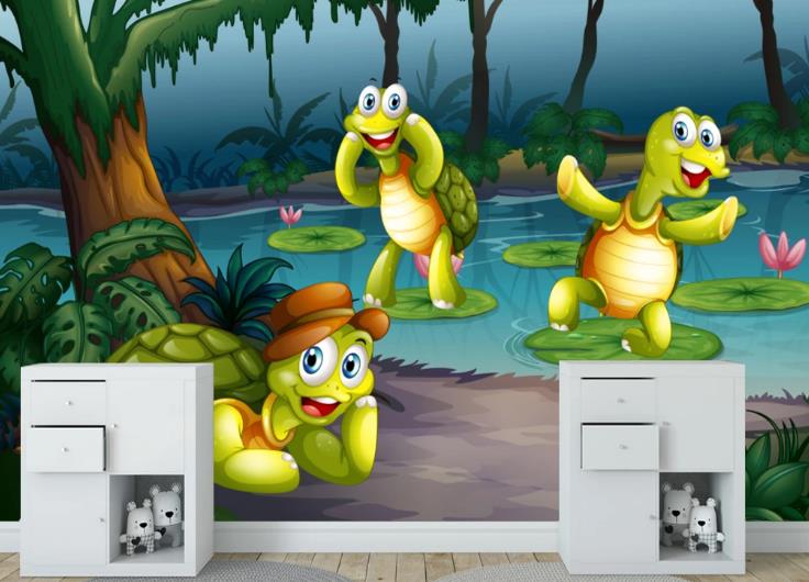 3D Cartoon Forest Pond Animal Turtle Wall Mural Wallpaper Lqh 547