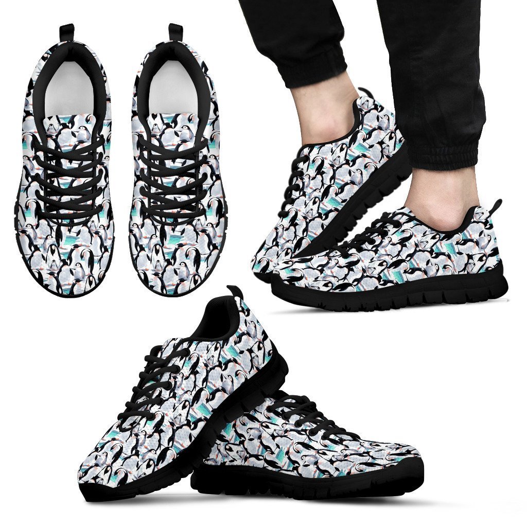 Pattern Print Penguin Black Sneakers, Personalized Shoes Custom Name, Text For Women, Men