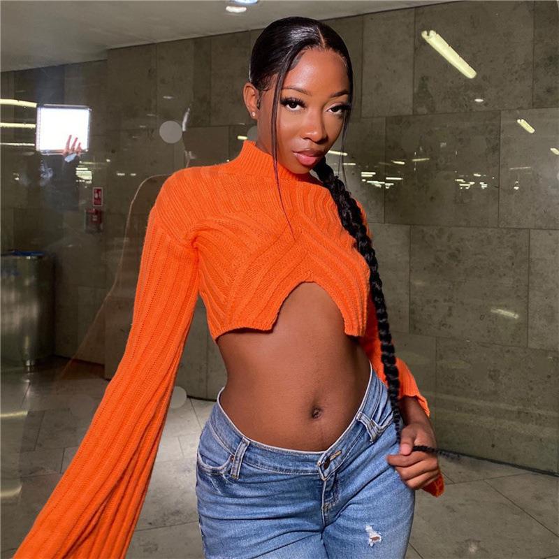 Y2K Orange Hollow Out Cropped Knit Smock Top Vintage Loose Crochet Pullovers Casual Fairycore Chic T-Shirt Fashion Sweater alx