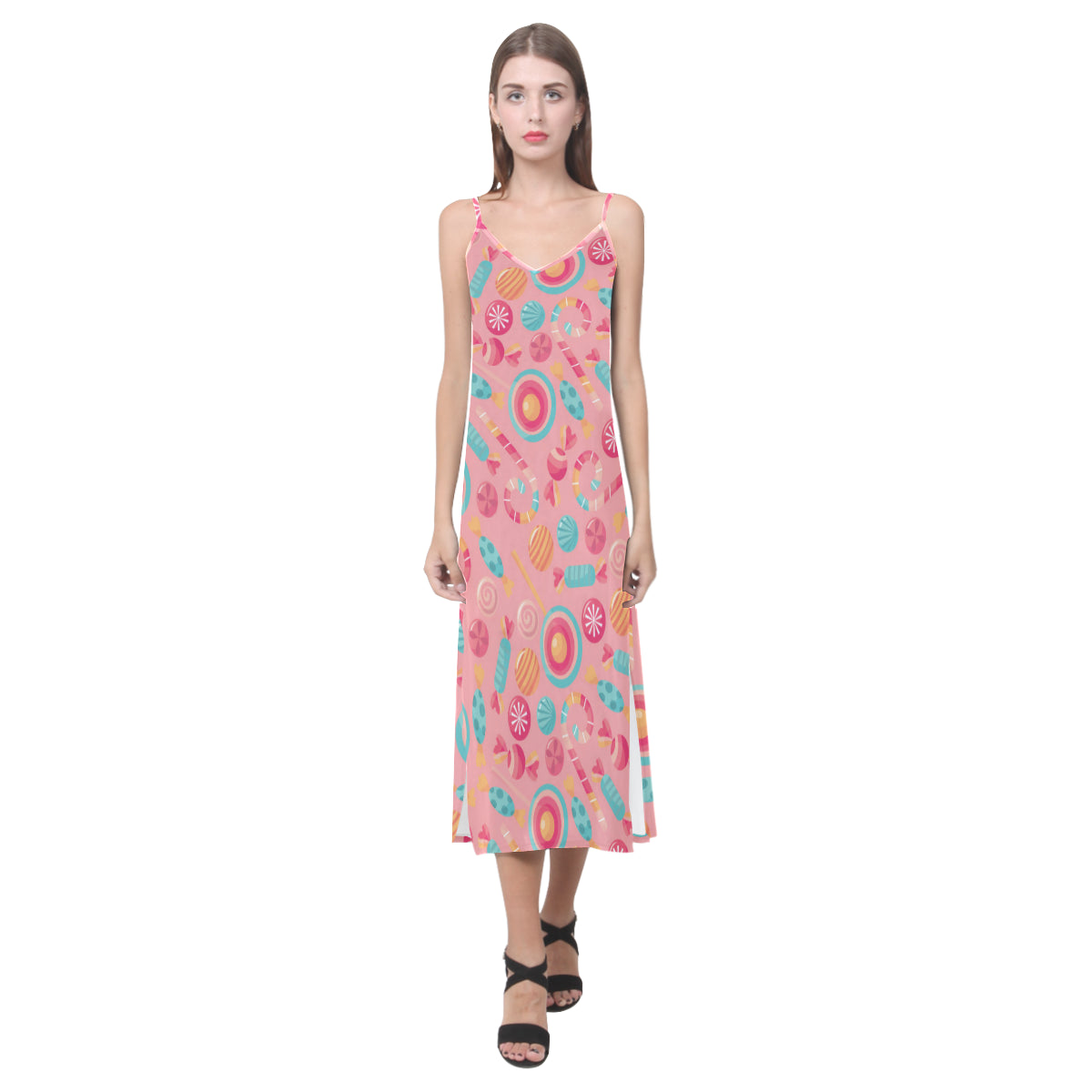 Colorful candy pattern V-Neck Open Fork Long Dress