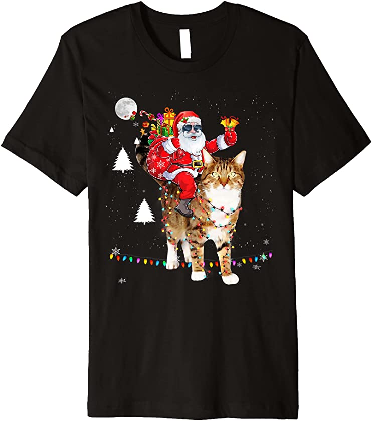 Christmas Santa Claus Riding Tiger Cat Lights Xmas Holiday Premium T-Shirt