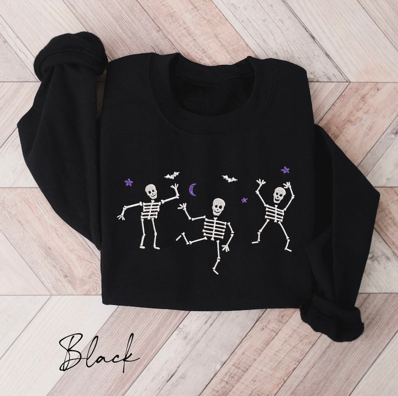 Dancing Skeletons Embroidered Halloween Sweatshirt Crewneck Sweatshirt All Over Print Sweatshirt For Women Sweatshirt For Men Sws2657