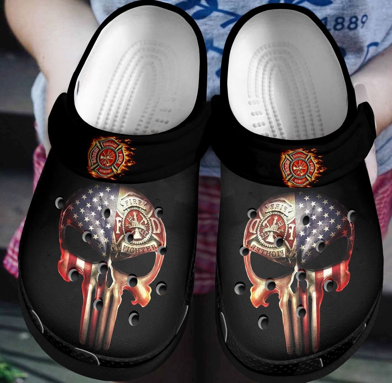 Firefighter Personalized Clog, Custom Name, Text, Color, Number Fashion Style For Women, Men, Kid, Print 3D Punishing Skull