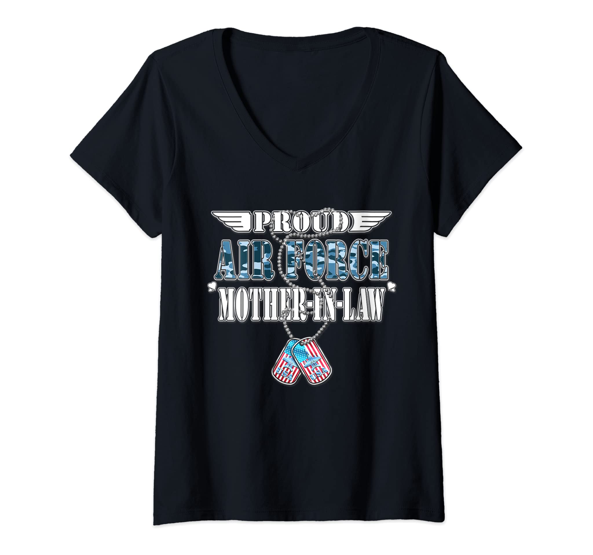 Womens Proud Air Force Mother-In-Law US Flag Dog Tags Wing Military V-Neck