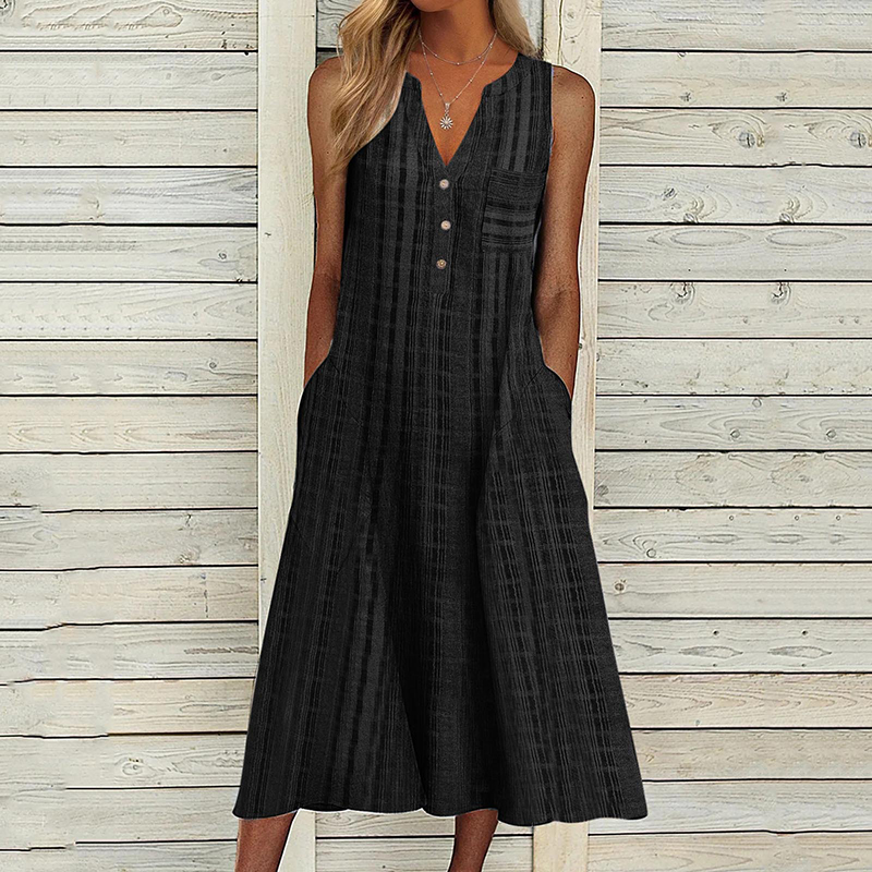 Summer Dress Women V Neck Sleeveless Pocket Button Loose Maxi Dresses Vintage Print Party Dress 2022 A-Line Beach Dress alx