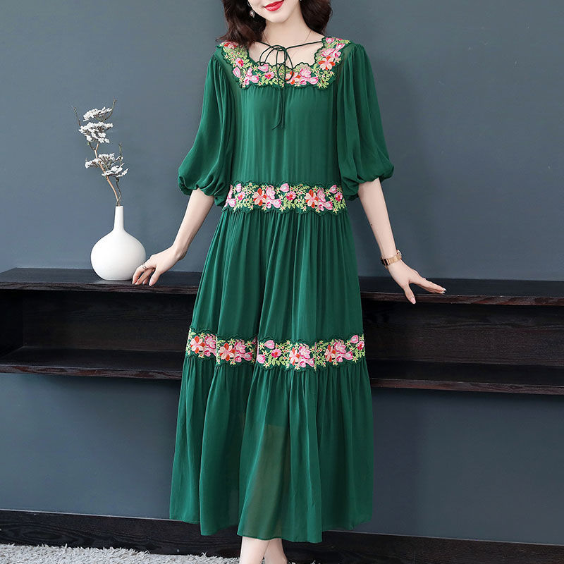 Summer Elegant Floral Embroidery Loose Midi Dresses Vintage 4XL Mulberry Silk Dress Women Bodycon Party Vestidos J429 alx