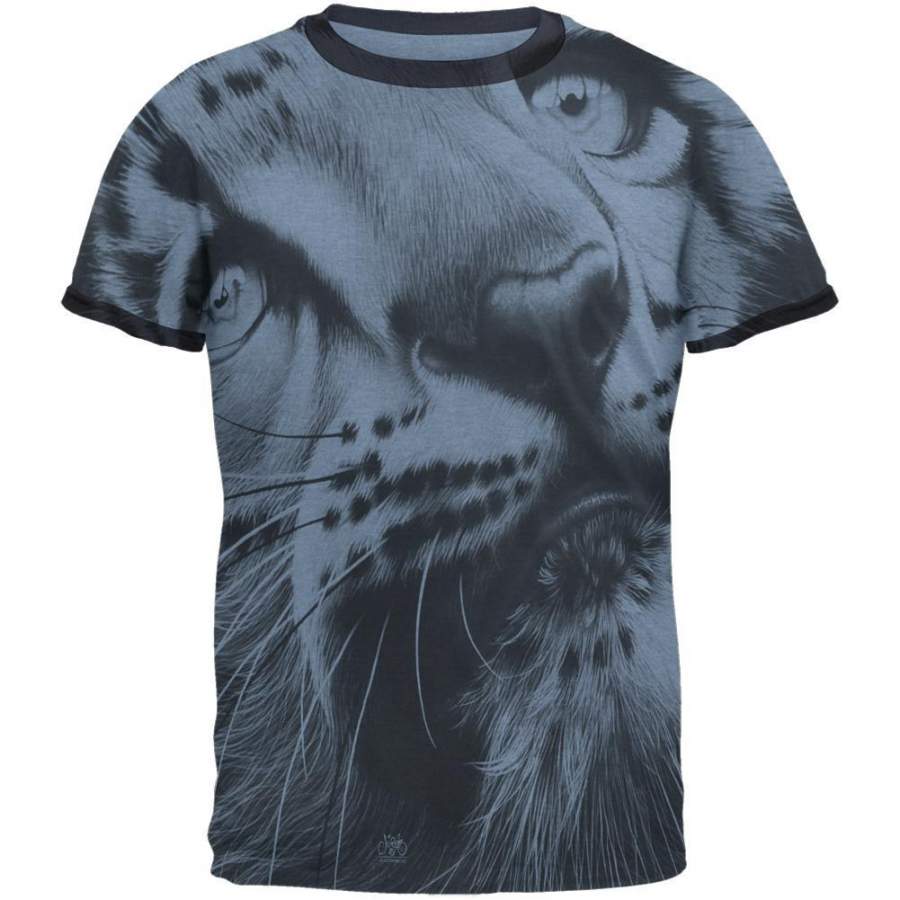 Snow Leopard Cub Ghost Close Up Heather Blue-Navy Men’s Ringer T-Shirt