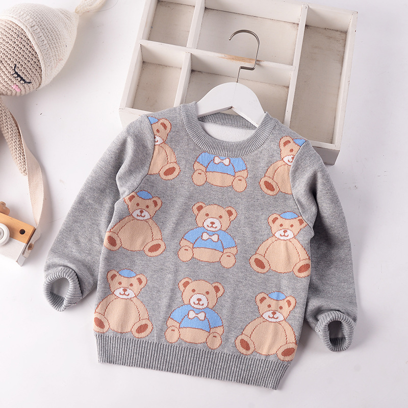 2022 Autumn Winter Children Cartoon Bear Knitted Sweaters Kids Baby Boys Double-knit Sweater Jumper Cotton Toddler Clothes 2-7y alx