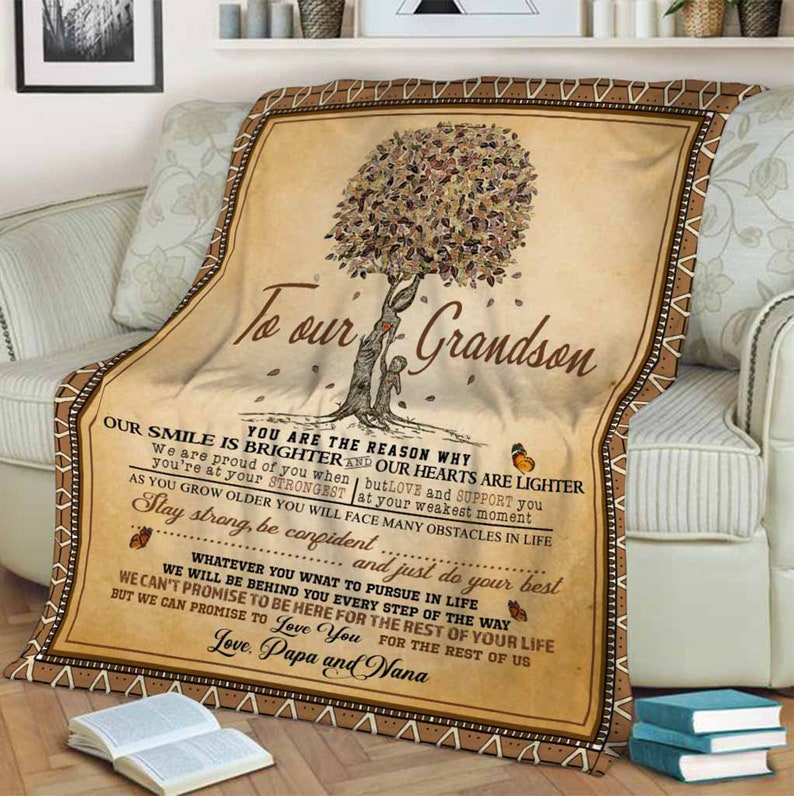 To Our Grandson You Are The Reason My Smile Fleece Blanket Gift For Grandson Family Birthday Gift Home Decor Bedding Couch Sofa Soft And Comfy Cozy