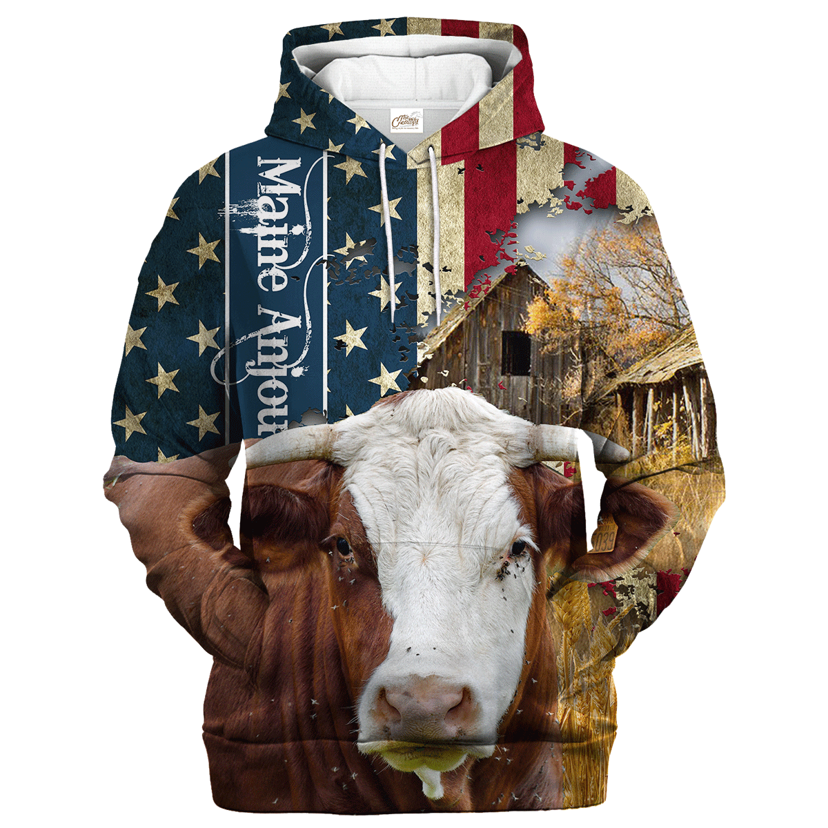 Maine-Anjou Farm With America Flag Hoodie