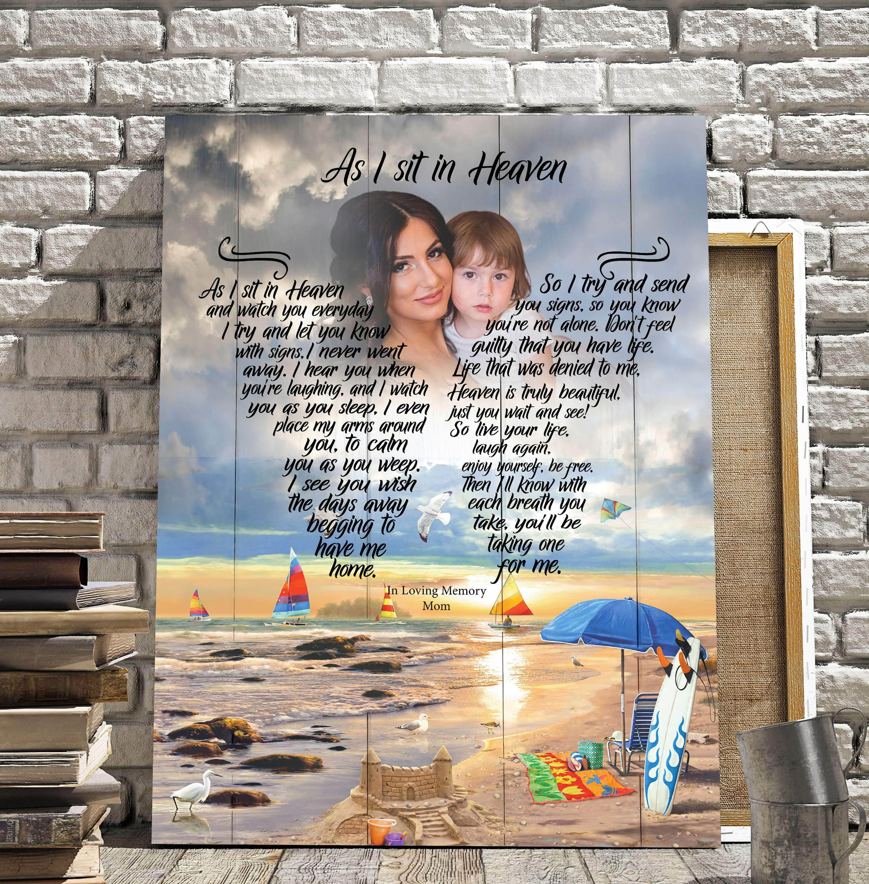 As I Sit In Heaven Sandcastles By The Sea Background, Personalized Photo Memorial Poster Canvas, Gift For Family Gift for Remembrance Home Decor Wall Art Visual Art