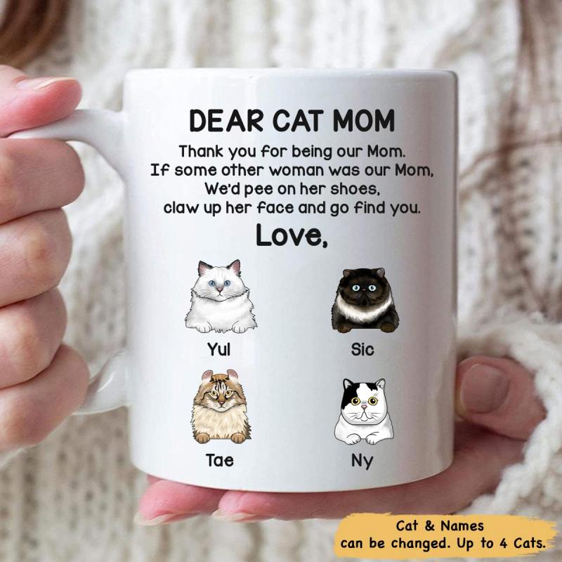 Dear Cat Mom Peeking Fluffy Cat Personalized Coffee Mug For Cat Lovers