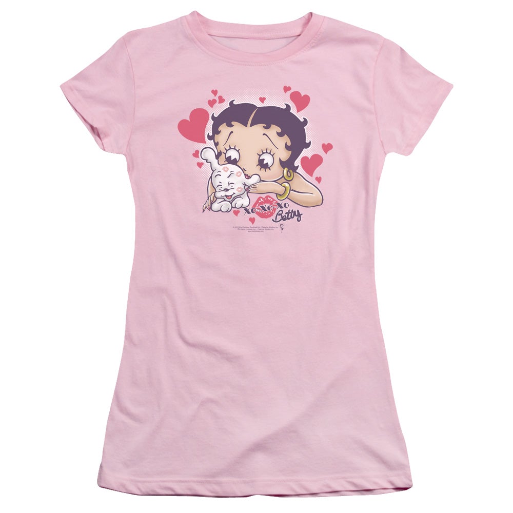 Betty Boop Puppy Love Junior Sheer Cap Sleeve Womens T Shirt Pink