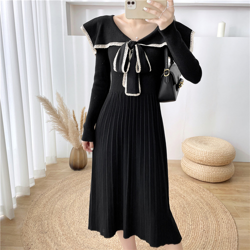 V-neck Pleated Dress Women Autumn Winter High Waist Lace Patchwork Bow Solid Elegant Slim Knitted Midi Dresses Female Clothes alx