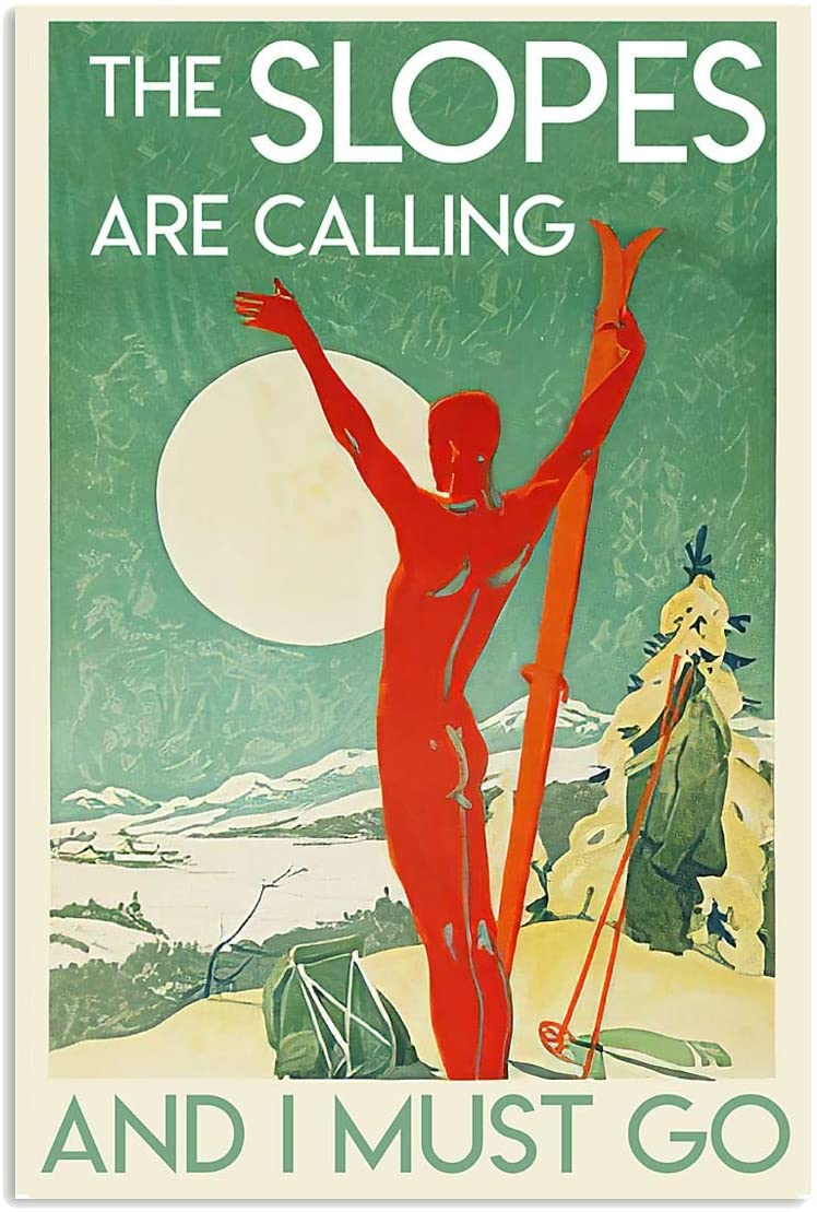 Vintage Man Skiing – The Slopes Are Calling Must Go Poster Art Print      Home Decor Gift For Men Women Family Friend On Birthday Xmas