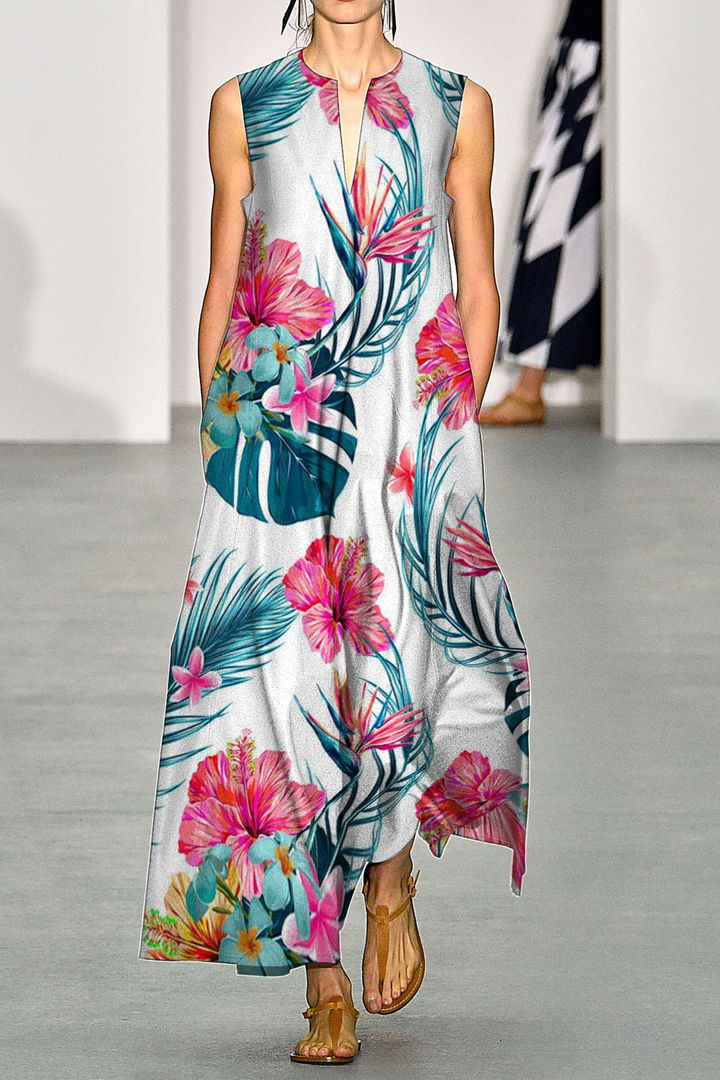 Tropical Flower Hawaii Colorful V Neck Maxi Dress Ha69712