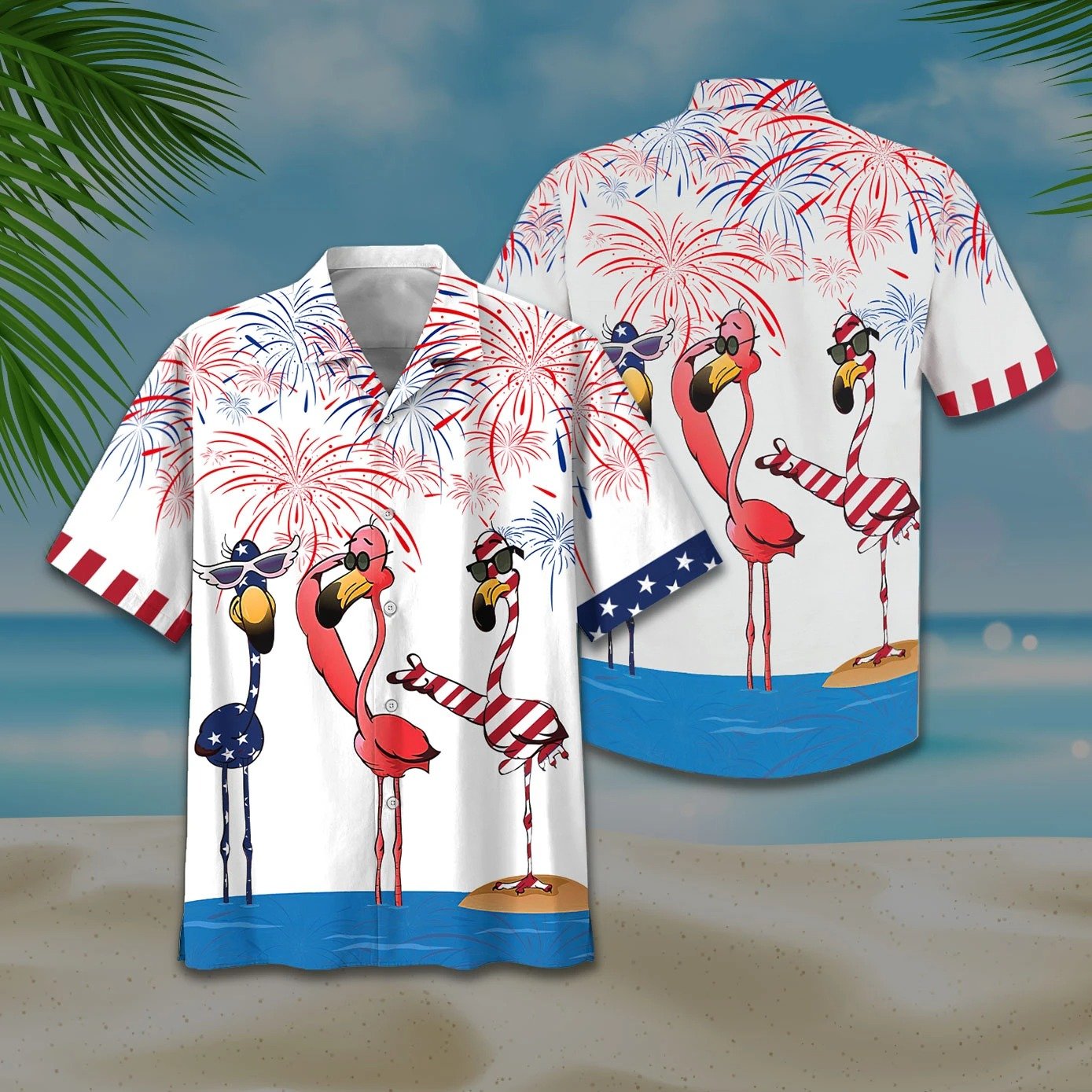 Flamingo American Flag Firework Hawaii Shirt Unisex Adult Ha39115