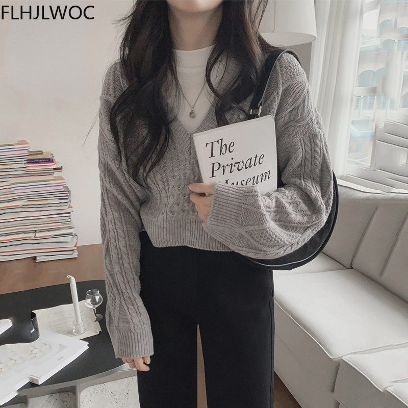 Cute Autumn Winter Gray Sweater Women Sweet Girls Japanese Style Chic Korea V Neck Crop Tops Short Knitted Jumpers Pullovers alx