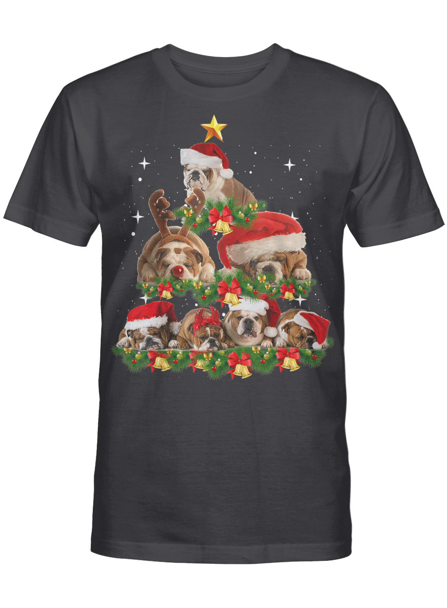 AmazeStyleZ Santa’s Reindeer, Ugly Christmas Sweater, Christmas Gift Ideas, Funny English Bulldog Christmas Tree T-Shirt