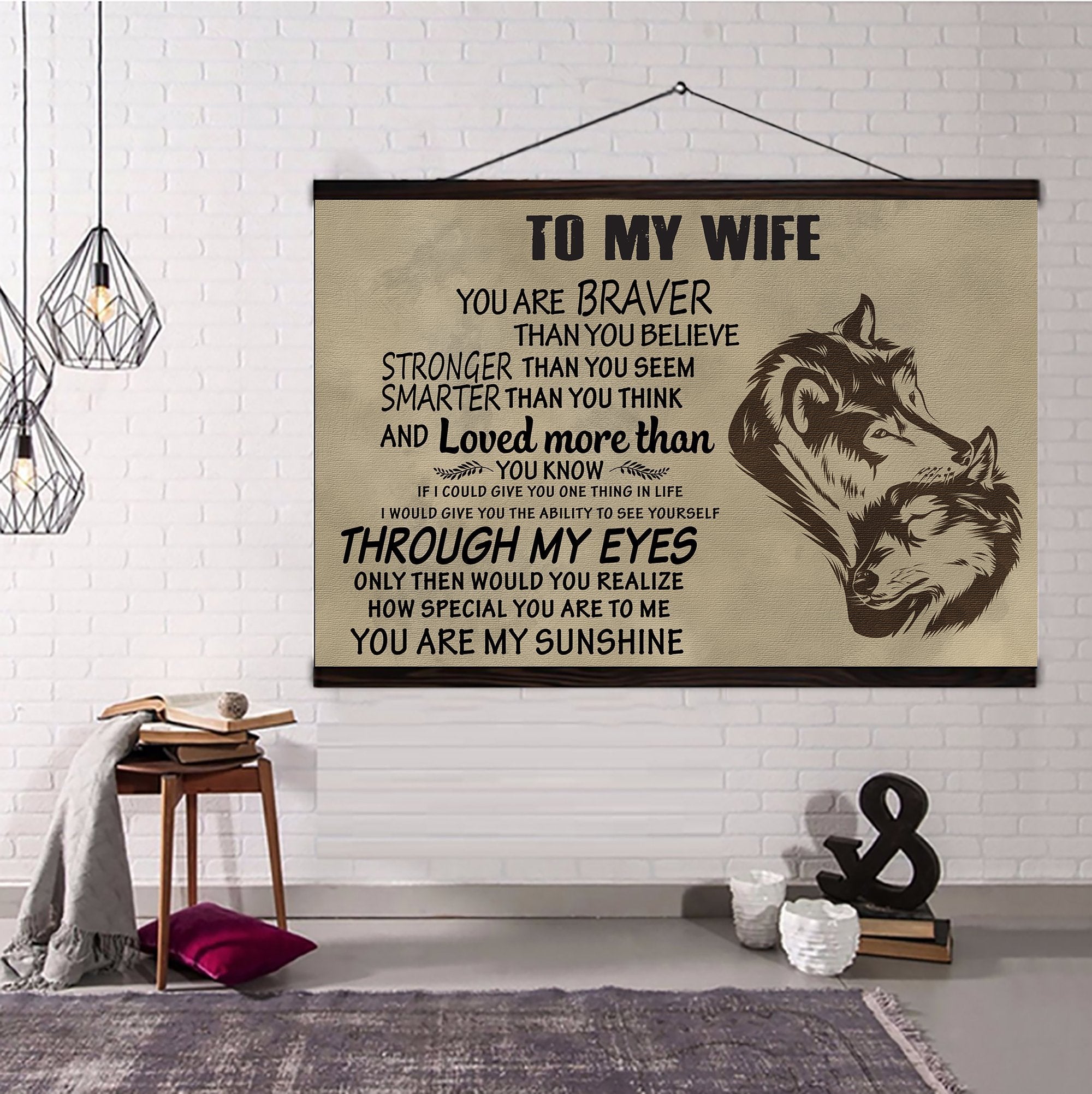 Wolf Hanging Canvas To Wife You Are Braver Wall Decor Visual Art