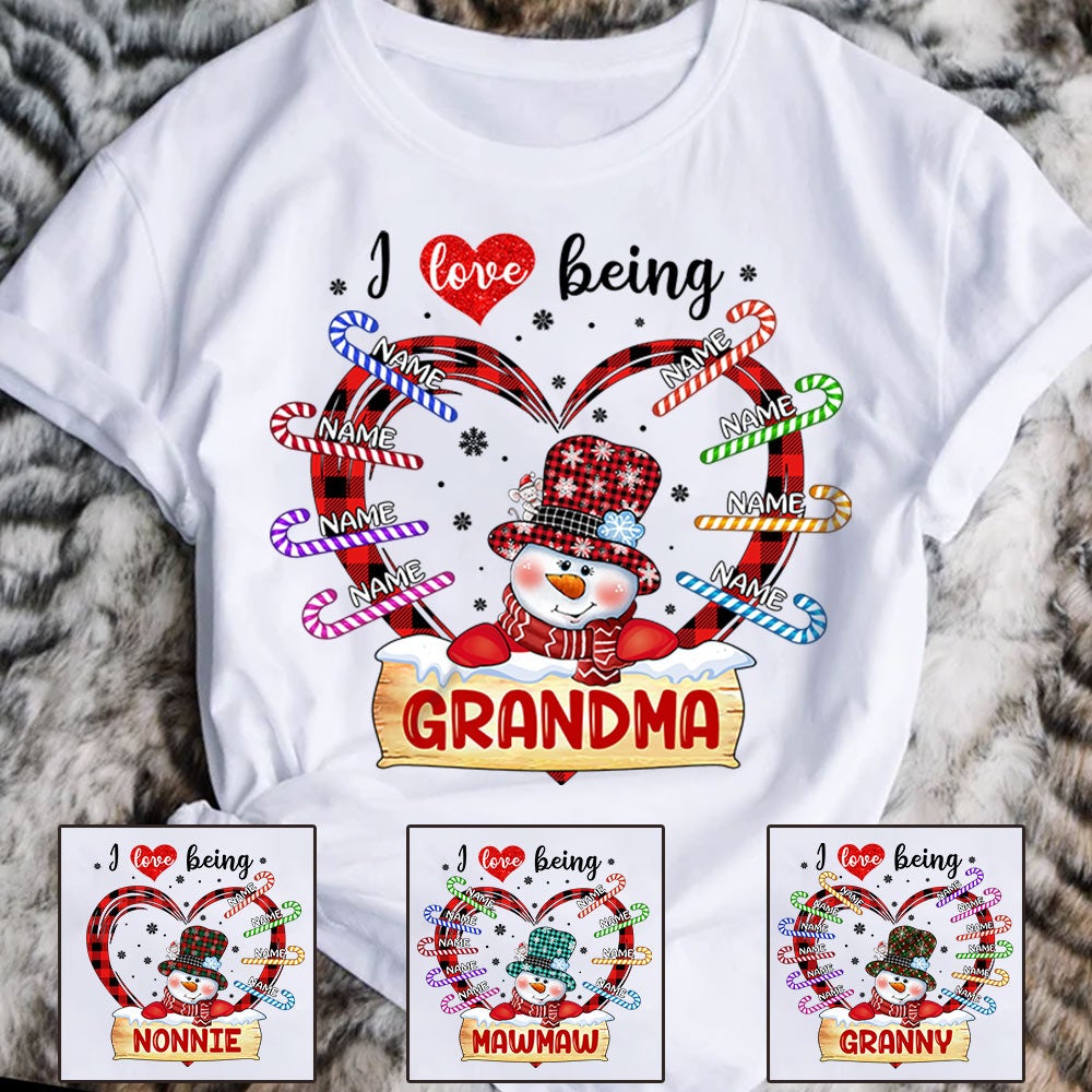 Personalized I Love Being Grandma Candy Cane Snowman Shirt Gifts For Grandma Hn98