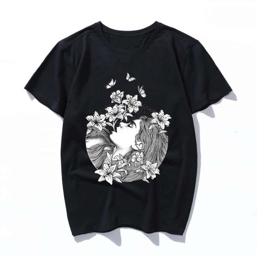 blooming Cotton Black Tshirt Women Tops Fashion Short Sleeve Vintage Female T-shirt Casual Men Tee Shirt Femme Summer